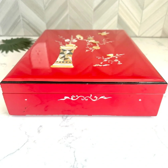 Vintage Lacquered Red Box Mother of Pearl Abalone Inlay Asian Box Stationary Box - Picture 6 of 16